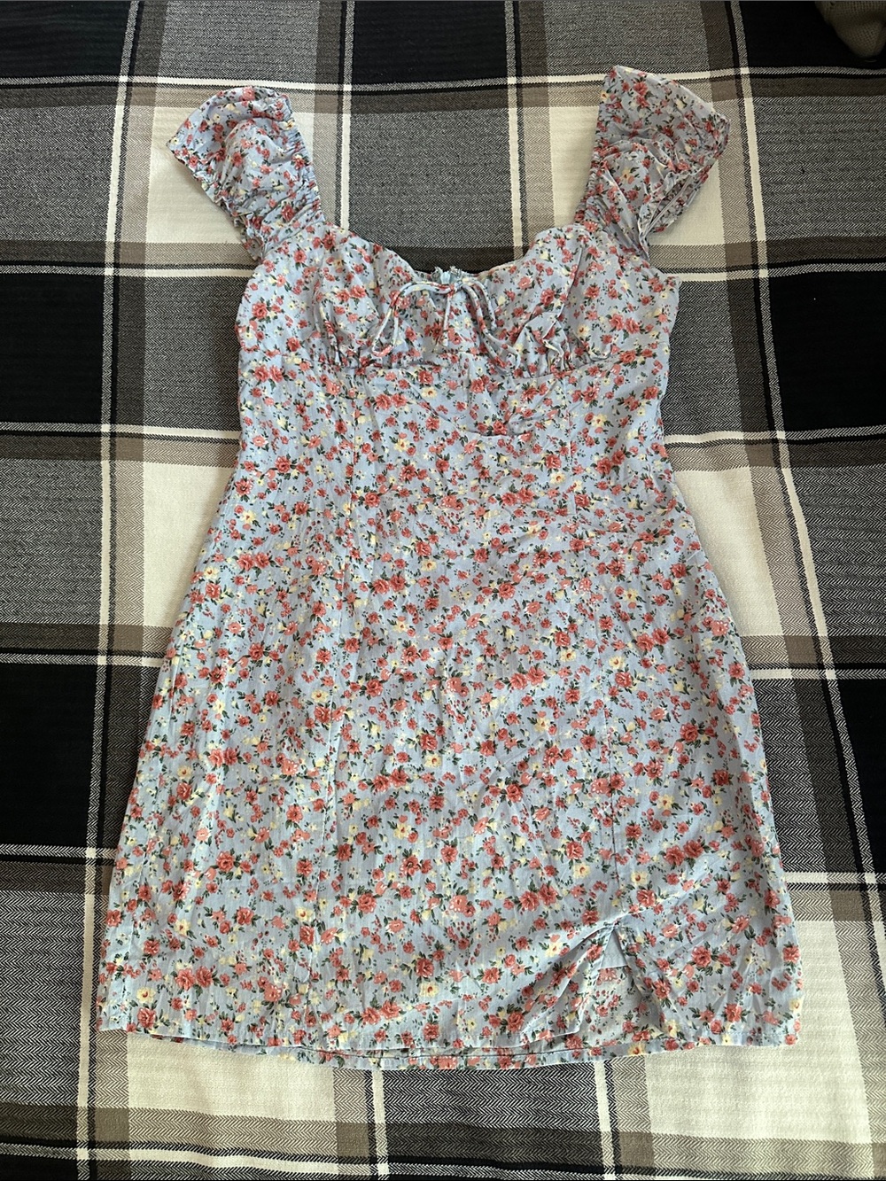 Hello Molly Floral Babydoll Mini Dress — Light Blue with Coral Floral Print